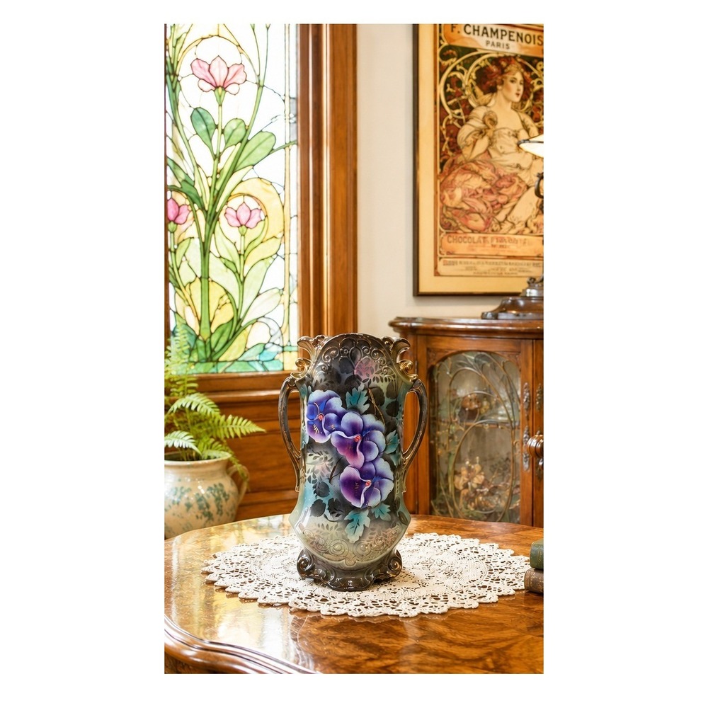 Antique LYNN‎ Porcelain Vase Art Nouveau Hand Painted Purple Pansies Gold Trim